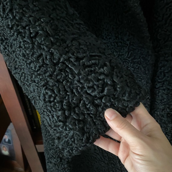 Curly Lamb Long Coat Wool Fur Black Persian Silk Lined Velvet Pockets Vintage - Picture 8 of 13
